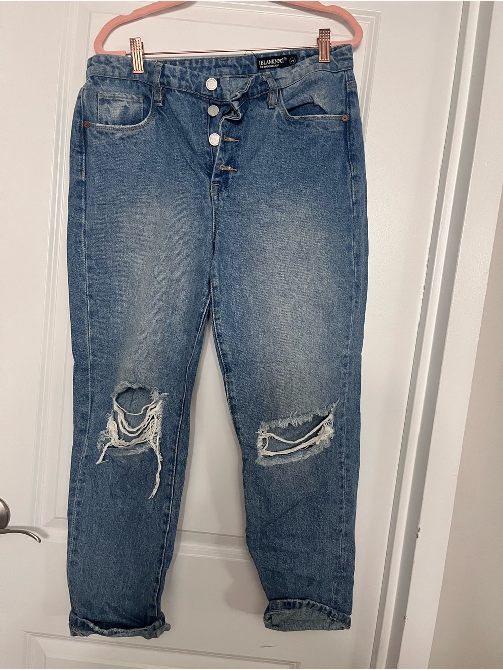 Blank NYC Distressed Boyfriend Jeans in Medium Blue Wash